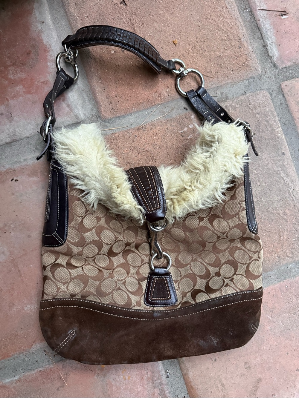 Vintage Coach Hobo Bag with Faux Fur Trim